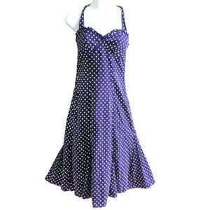 Betsey Johnson USA Vintage Y2K Midi Halter Dress Navy White Polka Dot Pinup 4